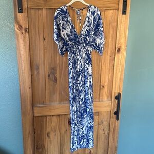 Lovestitch Blue and White Maxi Gown with Plunge Neckline and Dolman Sleeves